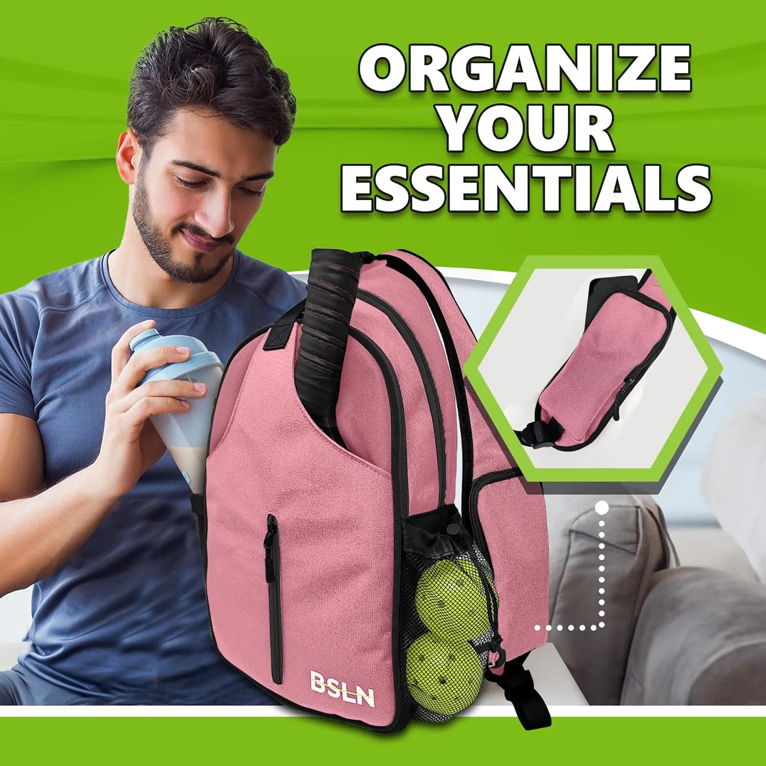 Pickleball Bag - Pickleball Bags for Women Men, Crossbody Sports Backpack – Adjustable Sling Bag with Hanging Fence Hook