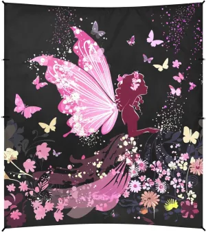 Pink Flower Fairy Butterflies Foldable Beach Tent UPF50 Waterproof Portable Sun Shelter with Sturdy Poles, Sandbags and Shovel for Backyard, Grassland, Park