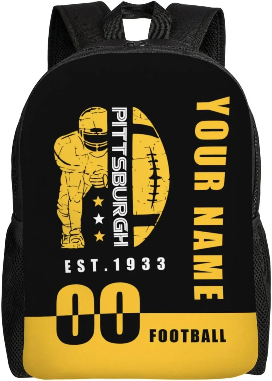 Pittsburgh Backpack 17 Inch SchoolBag, Personalized Any Name Number High Capacity Laptop Bag Casual Daypack for Man/Woman/Girl/Boy