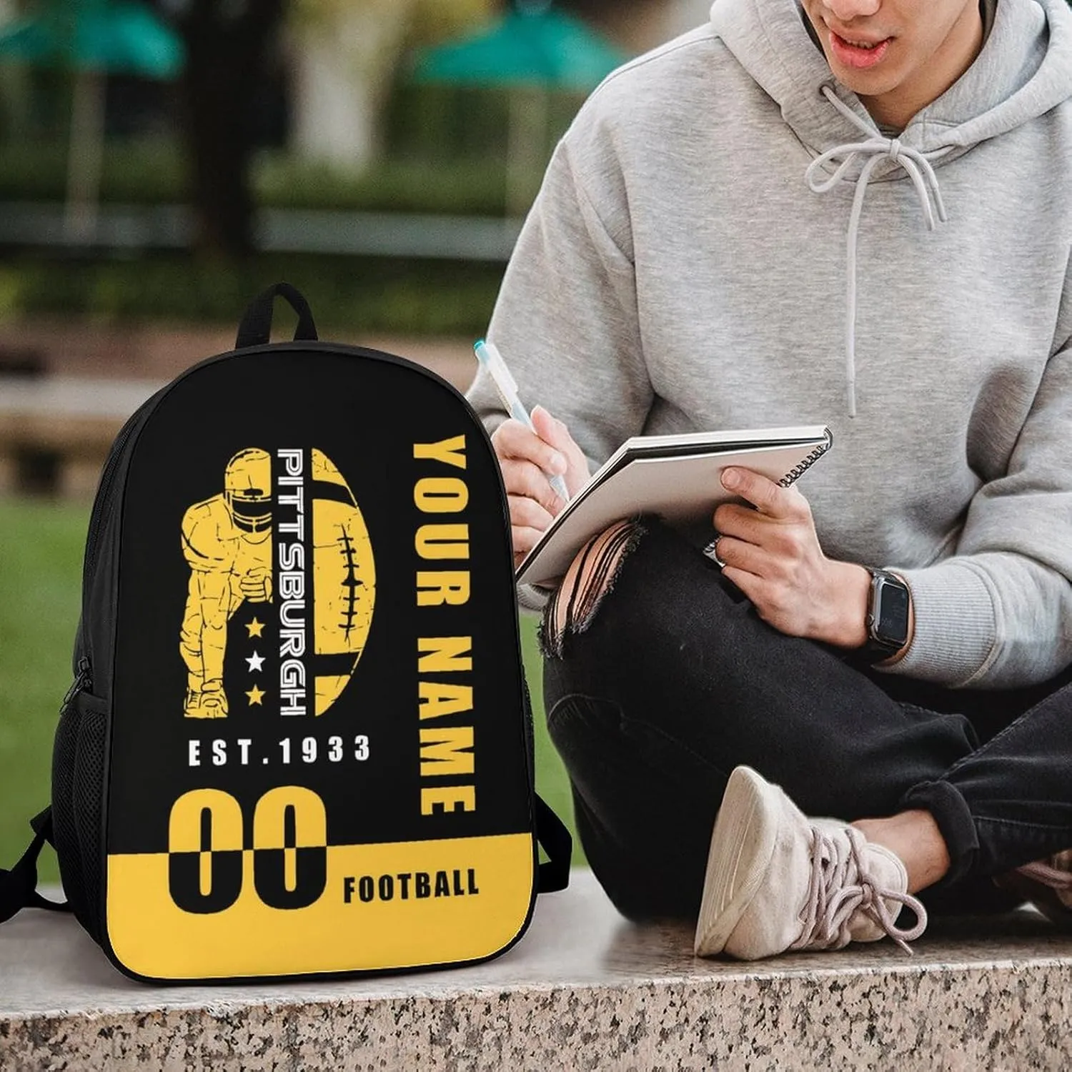 Pittsburgh Backpack 17 Inch SchoolBag, Personalized Any Name Number High Capacity Laptop Bag Casual Daypack for Man/Woman/Girl/Boy