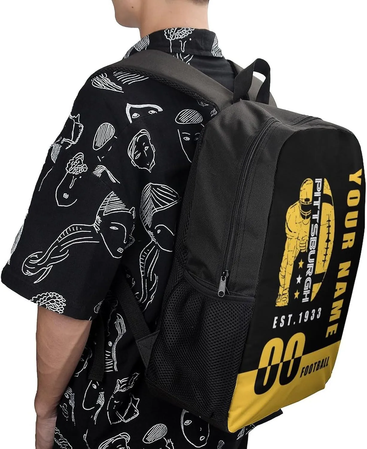 Pittsburgh Backpack 17 Inch SchoolBag, Personalized Any Name Number High Capacity Laptop Bag Casual Daypack for Man/Woman/Girl/Boy