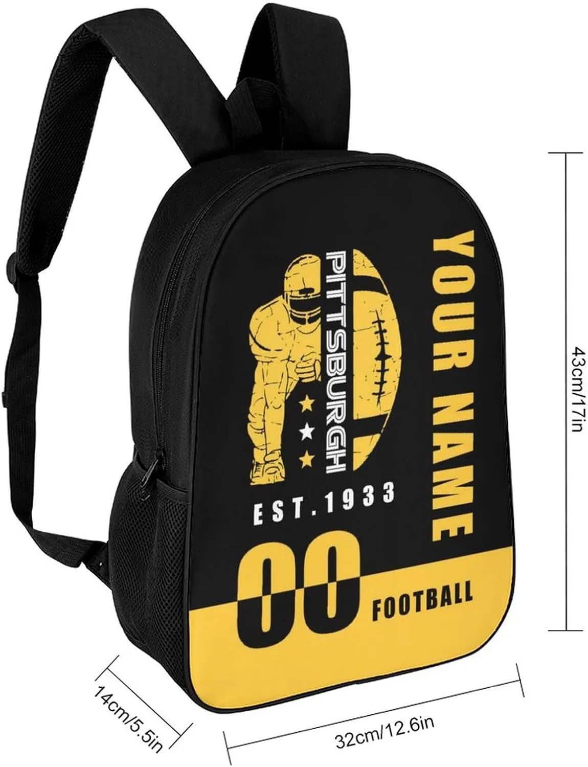 Pittsburgh Backpack 17 Inch SchoolBag, Personalized Any Name Number High Capacity Laptop Bag Casual Daypack for Man/Woman/Girl/Boy