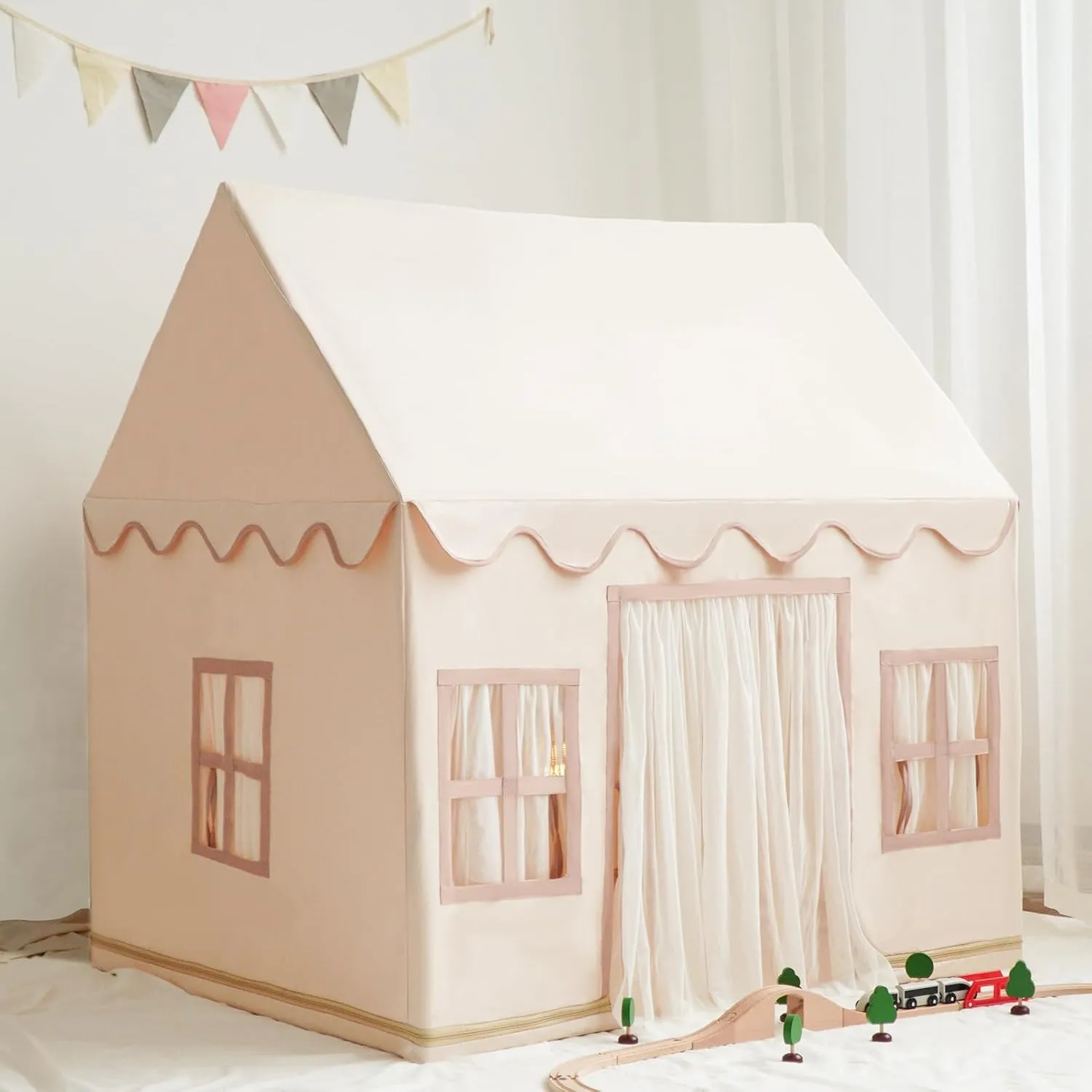 Play Tent with Padded Mat, Pennant Banners, Fairy Lights - Cream Kids Playhouse with Multiple Windows for Indoor and Outdoor, Large Play House Toys for Toddler, Boys and Girls