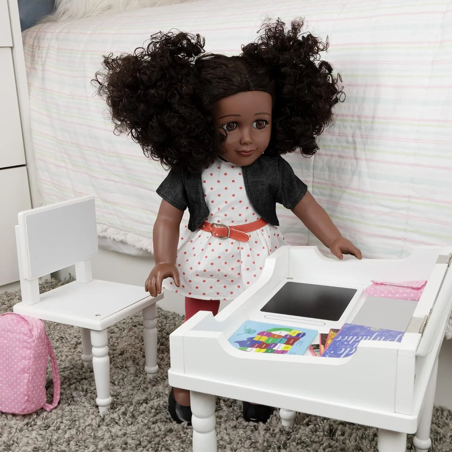 Playtime by Eimmie 18 Inch Doll Furniture School Desk & Classroom Set – White, Wooden Playset with Educational Accessories, Fits American, Generation, My Life & Similar 14”-18” Dolls