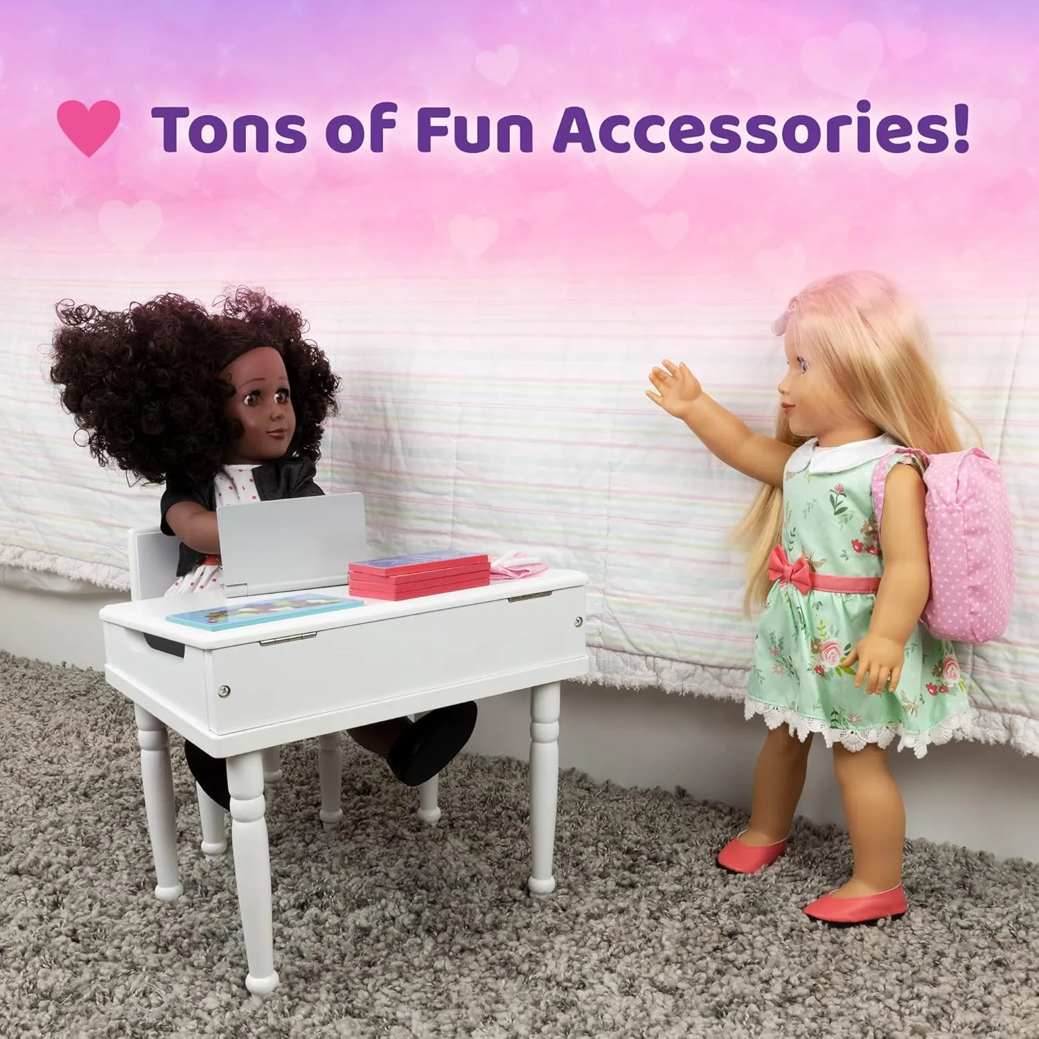 Playtime by Eimmie 18 Inch Doll Furniture School Desk & Classroom Set – White, Wooden Playset with Educational Accessories, Fits American, Generation, My Life & Similar 14”-18” Dolls