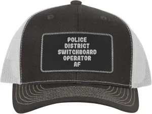 Police District Switchboard Operator AF - Leather Black Patch Engraved Trucker Hat