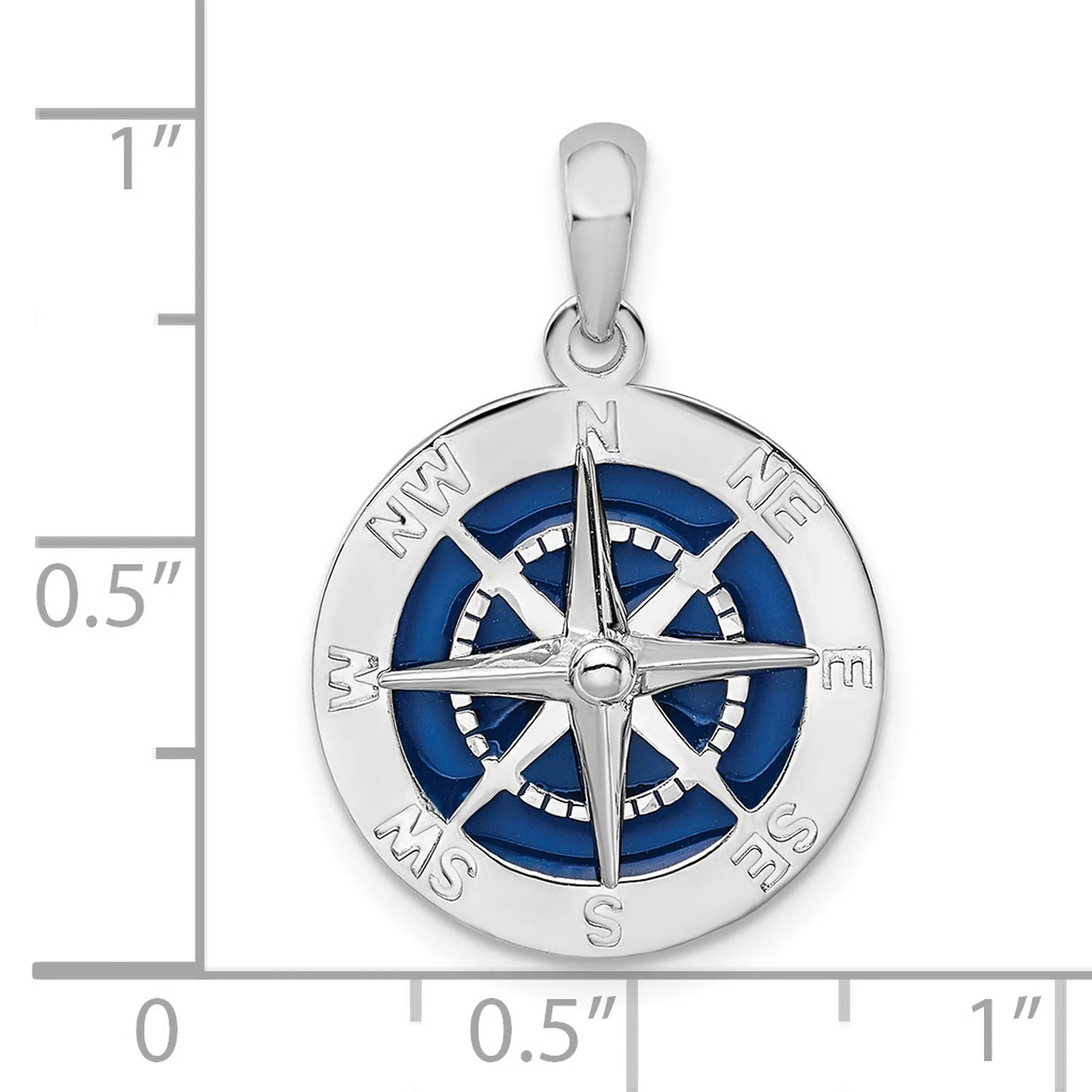 Polished Enameled Compass Charm Pendant in Real 925 Sterling Silver