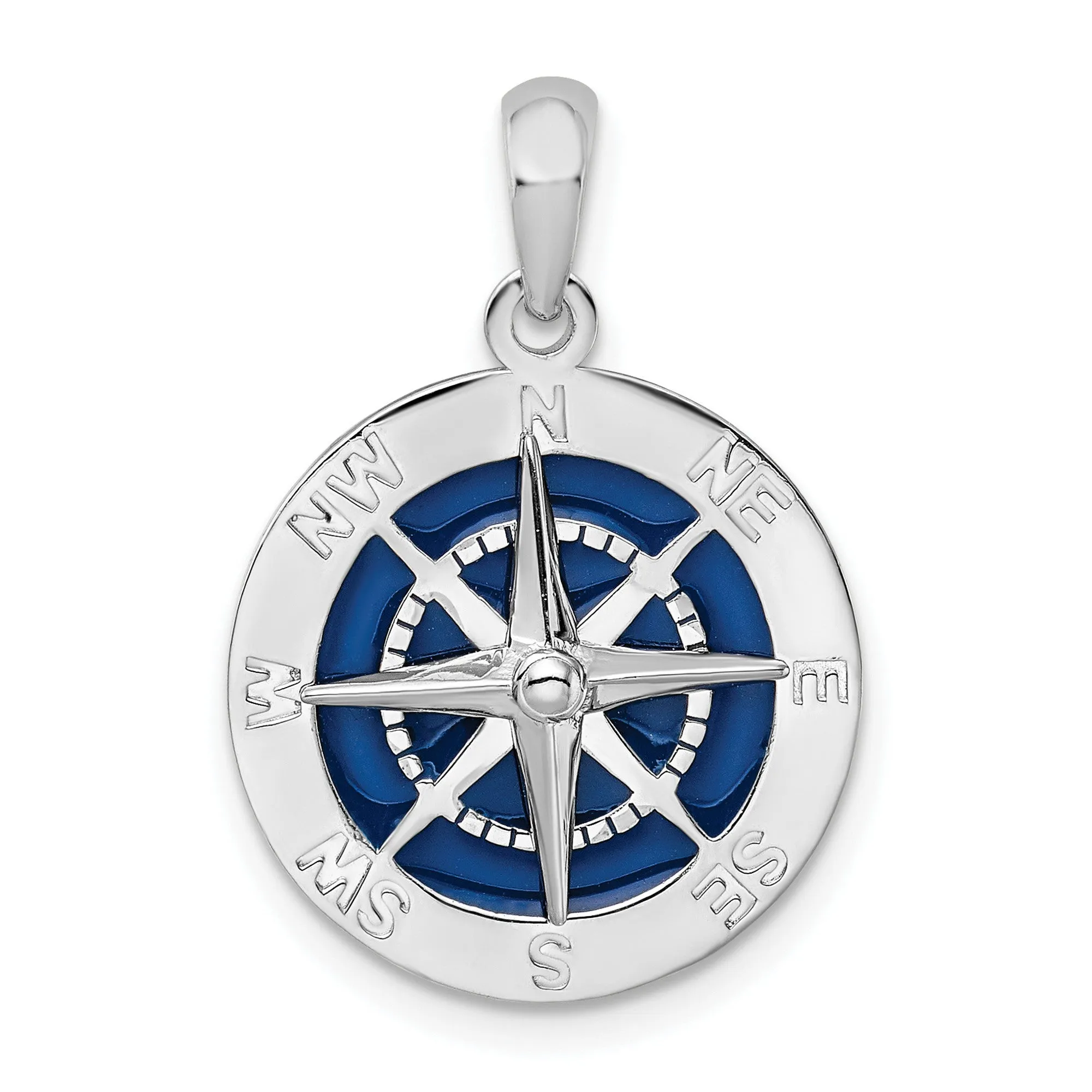 Polished Enameled Compass Charm Pendant in Real 925 Sterling Silver