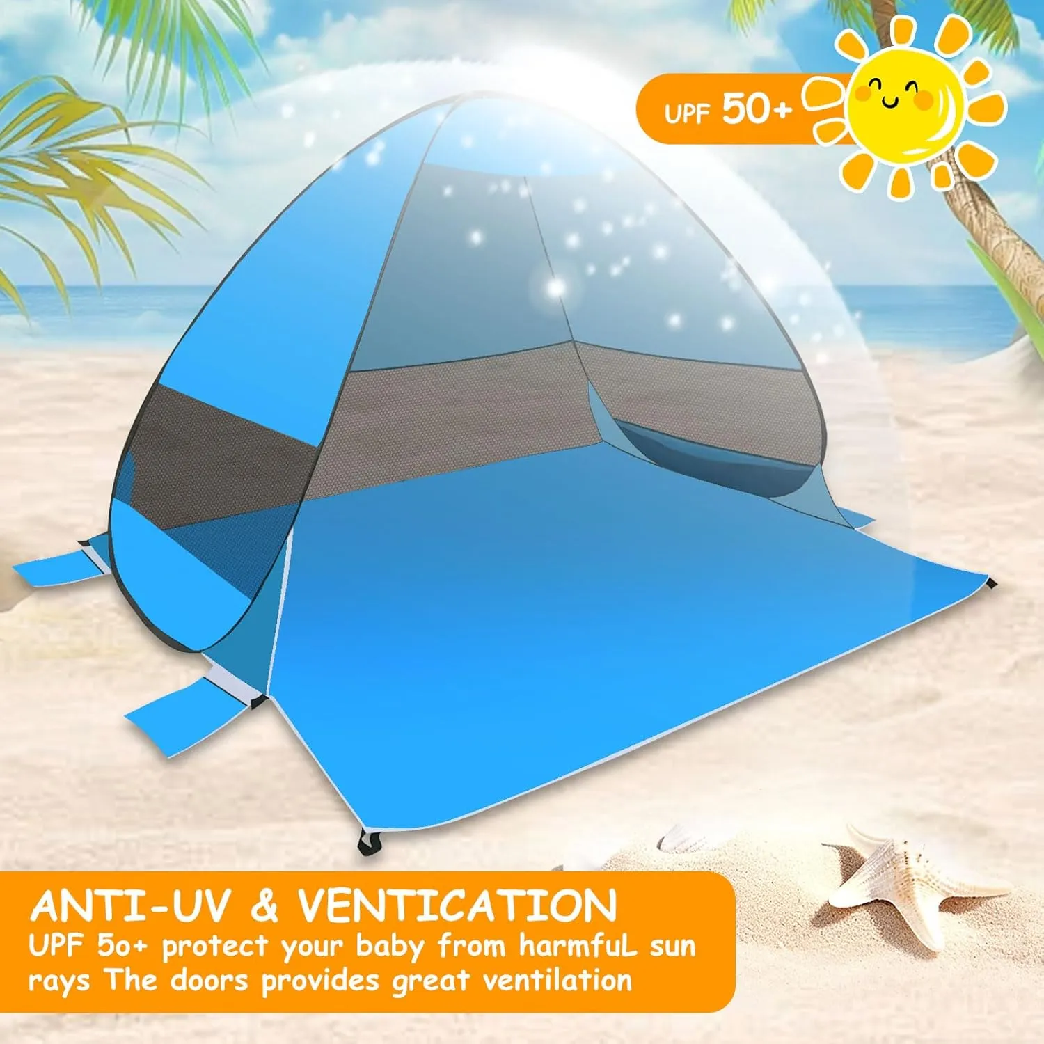 Pop Up Beach Tent, Beach Shade Tent with UPF50  UV Protection Pop Up Tent for 3-4 Person, Easy Setup Beach Sun Shade Canopy for Beach, Camping, Fishing (Light Blue)