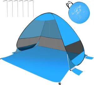 Pop Up Beach Tent, Beach Shade Tent with UPF50  UV Protection Pop Up Tent for 3-4 Person, Easy Setup Beach Sun Shade Canopy for Beach, Camping, Fishing (Light Blue)
