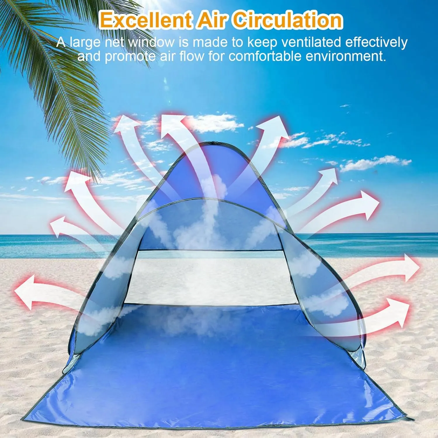 Pop Up Beach Tent for 2-3 Person, Outdoor UPF 50  Camping Tent, Shade Sun Shelter Beach Canopy, Portable Beach Tent w/Net Window & Storage Bag for Outdoor Beach Camping Fishing Park Lake, Blue