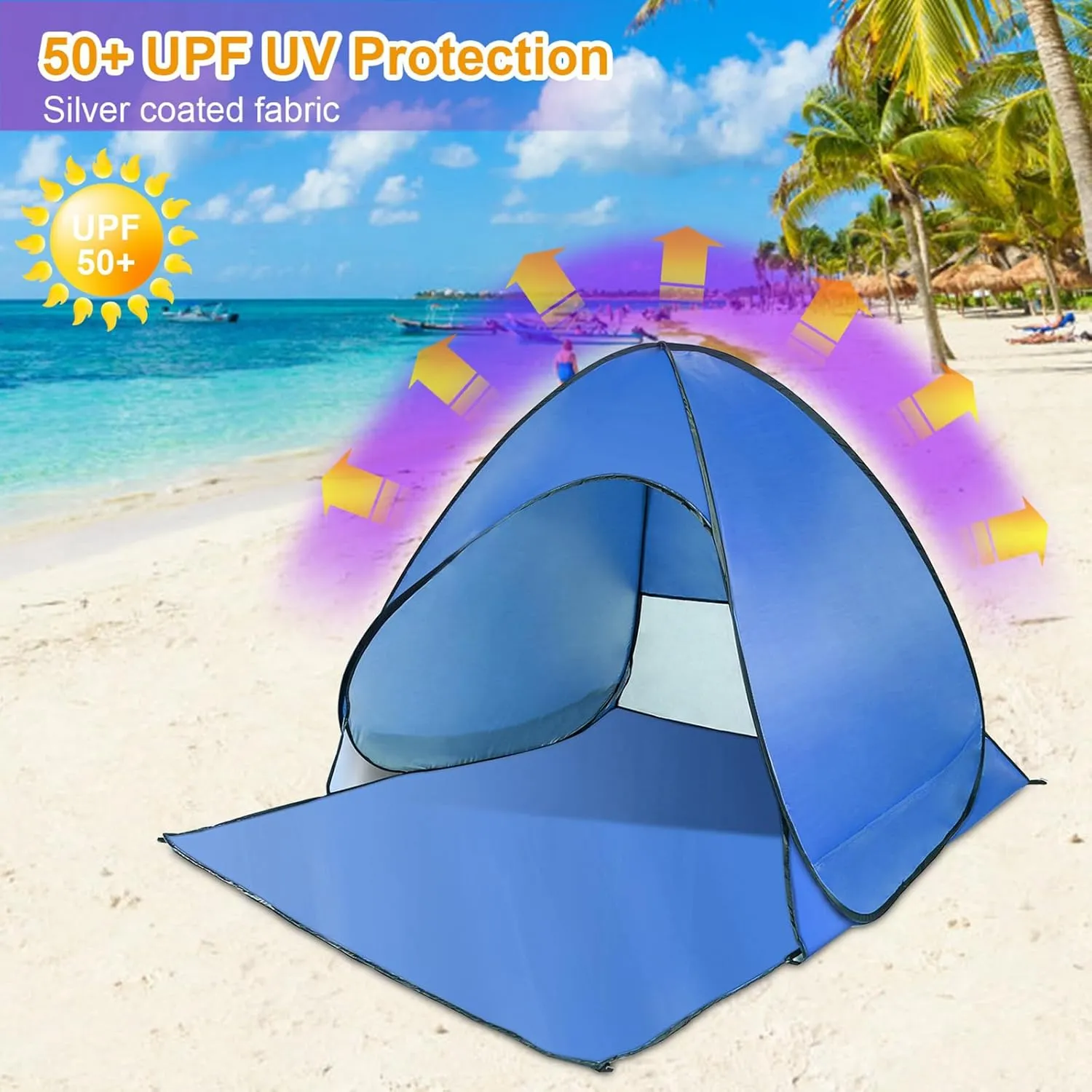Pop Up Beach Tent for 2-3 Person, Outdoor UPF 50  Camping Tent, Shade Sun Shelter Beach Canopy, Portable Beach Tent w/Net Window & Storage Bag for Outdoor Beach Camping Fishing Park Lake, Blue