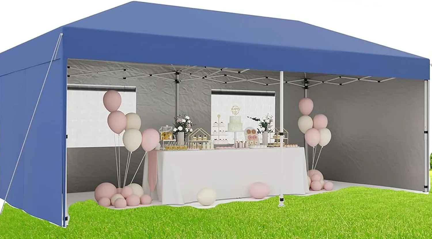 Pop Up Canopy Tent with Awning & Side Walls, 10x20 Heavy Duty Canopy UPF 50  All Season Wind Waterproof Commercial Outdoor Street Vendors Party Tents for Parties Canopy with Roller Bag, Blue