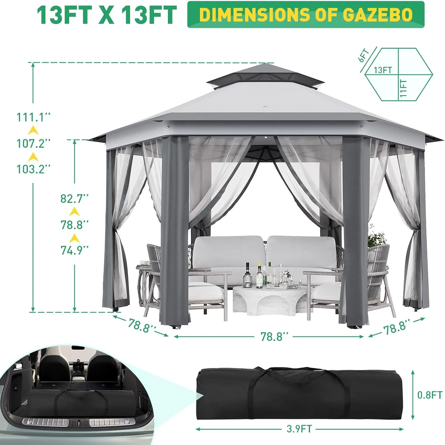 Pop-Up Gazebo 13 * 13 ft 6 Sided, Canopy Tent with Mesh Windows & Portable Carry Bag, Adjustable Tent Outdoor Pergola for Backyard & Patio Furniture (Light Gray   Dark Gray)