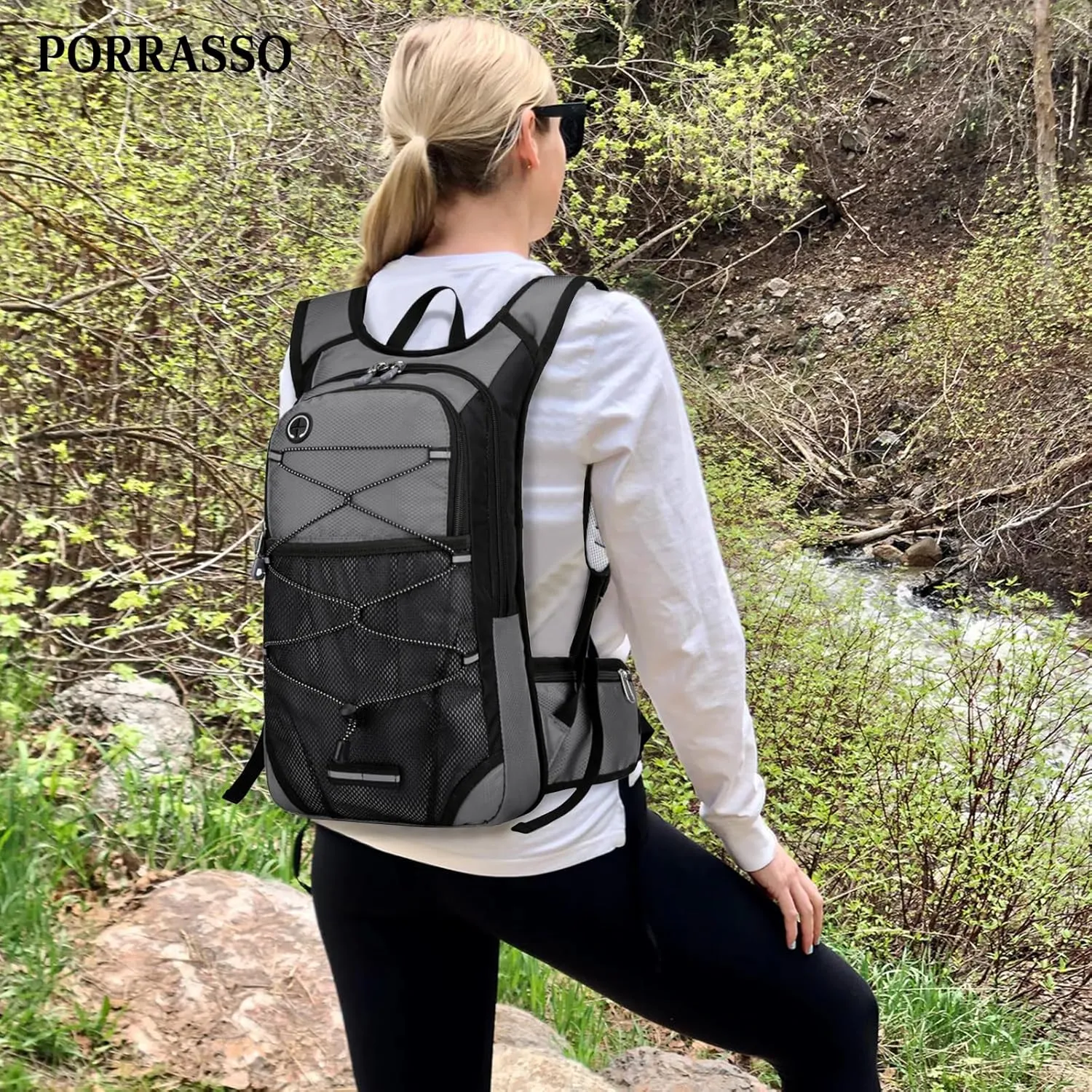 PORRASSO Hiking Backpack 19L Waterproof Daypack Rucksack with Earphone Hole Breathable Backpack for Women Men Trekking Cycling Climbing Outdoor Sports Grey