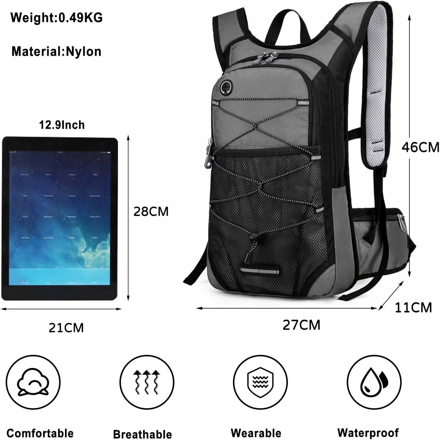 PORRASSO Hiking Backpack 19L Waterproof Daypack Rucksack with Earphone Hole Breathable Backpack for Women Men Trekking Cycling Climbing Outdoor Sports Grey