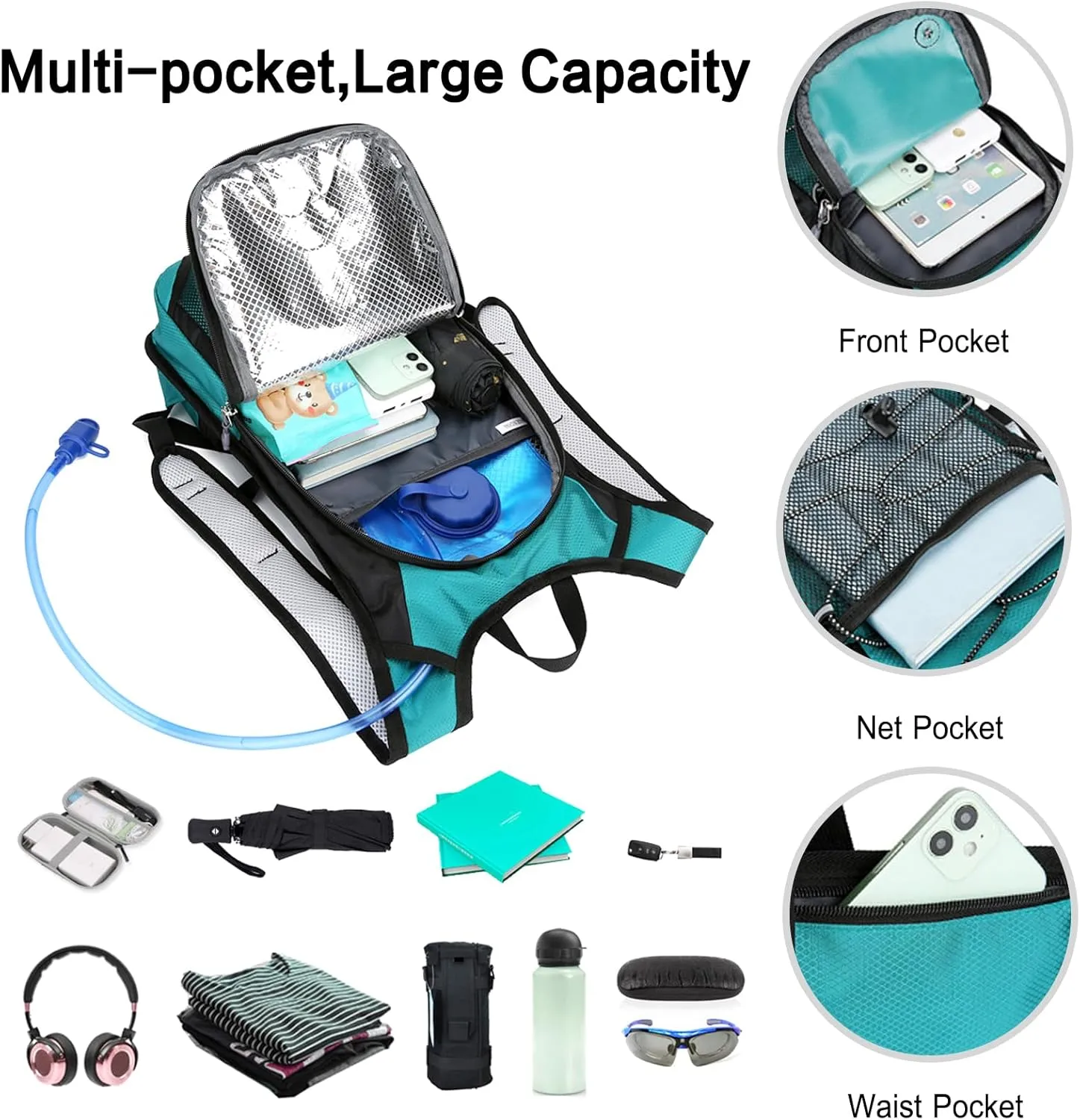 PORRASSO Hiking Backpack 19L Waterproof Daypack Rucksack with Earphone Hole Breathable Backpack for Women Men Trekking Cycling Climbing Outdoor Sports Royal Blue