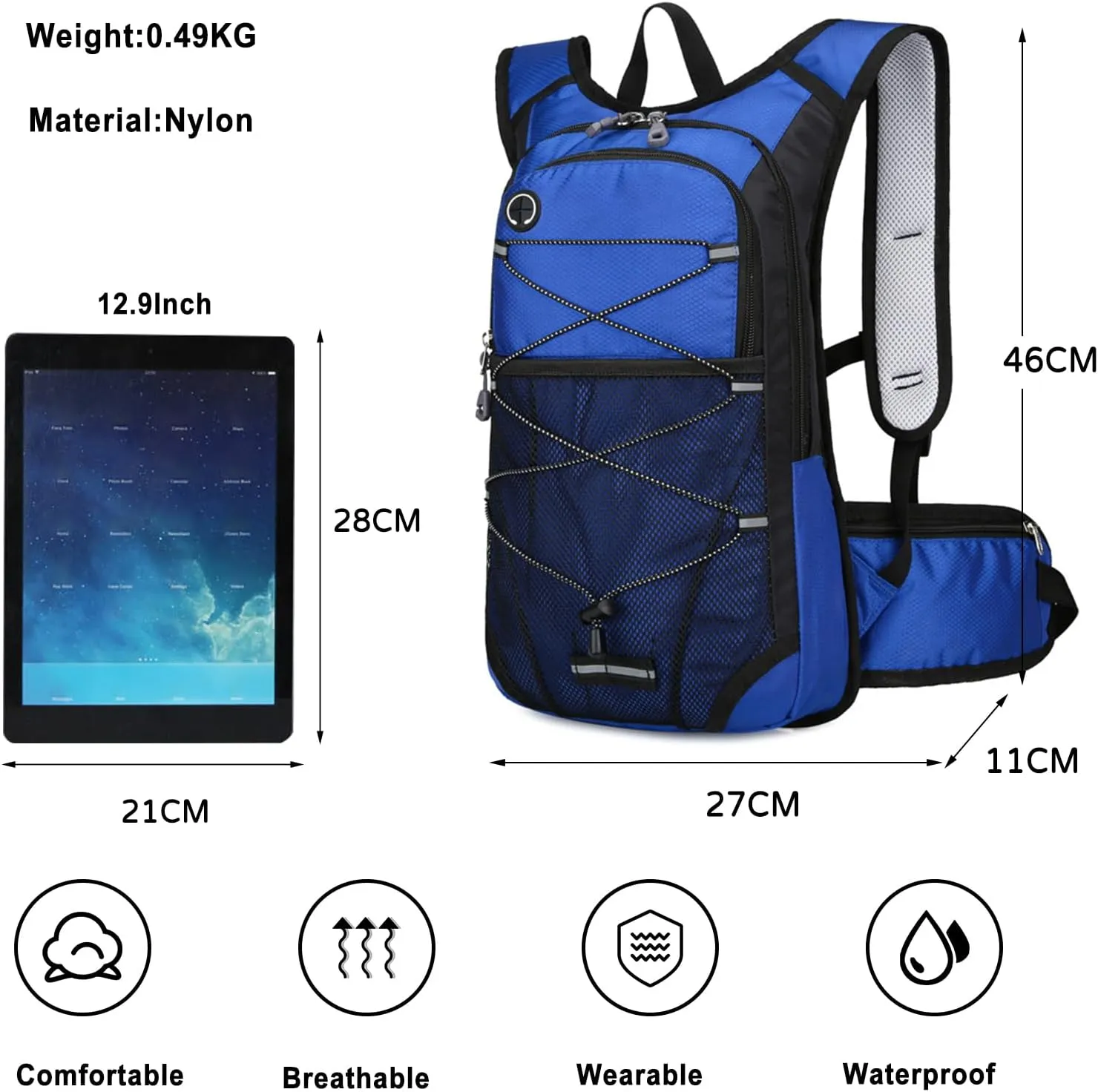 PORRASSO Hiking Backpack 19L Waterproof Daypack Rucksack with Earphone Hole Breathable Backpack for Women Men Trekking Cycling Climbing Outdoor Sports Royal Blue