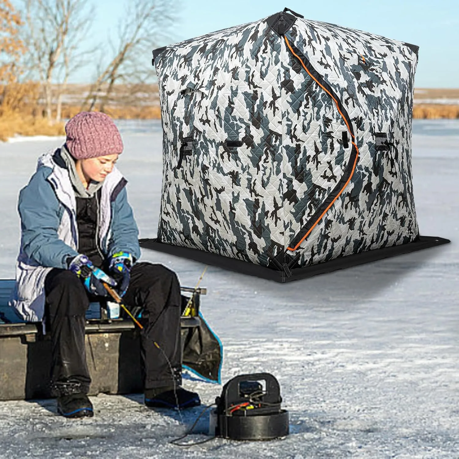 Portable 2 Person Ice Fishing Tent Insulated,Pop-up Hub-Style Ice Fishing Shelter w/Ice Nails, Thermal Ice Fishing Shanty Ice Fishing Gear for Ice Fishing