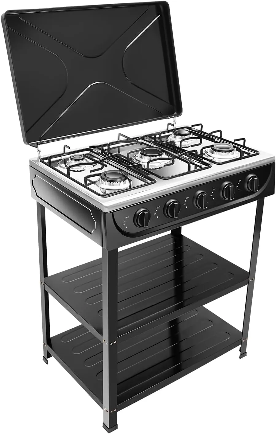 Portable Gas Stove 5 Burners Camping Stove Freestanding Outdoor Cooker Total Power 12500W Black