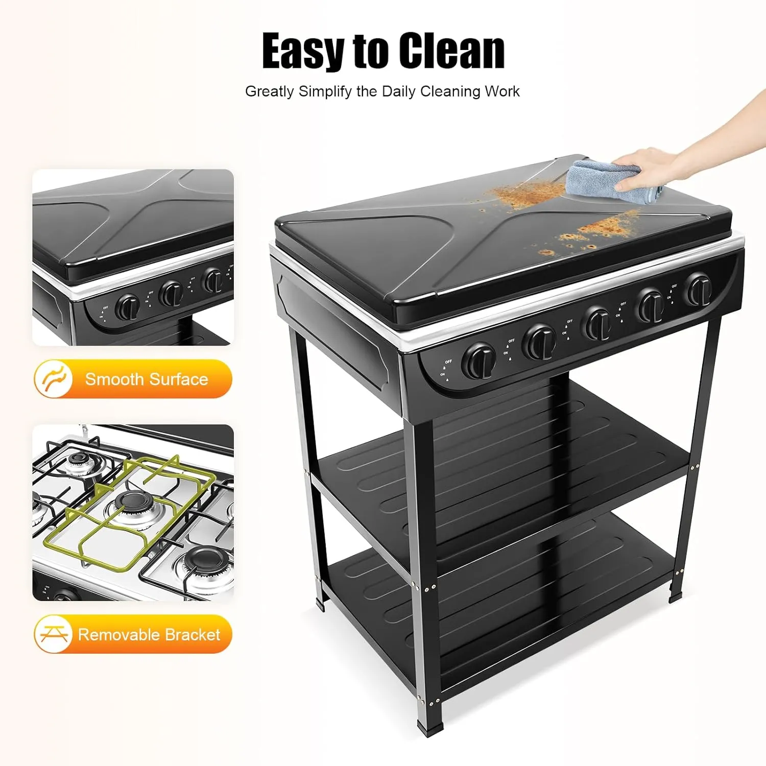 Portable Gas Stove 5 Burners Camping Stove Freestanding Outdoor Cooker Total Power 12500W Black