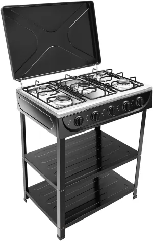 Portable Gas Stove 5 Burners Camping Stove Freestanding Outdoor Cooker Total Power 12500W Black