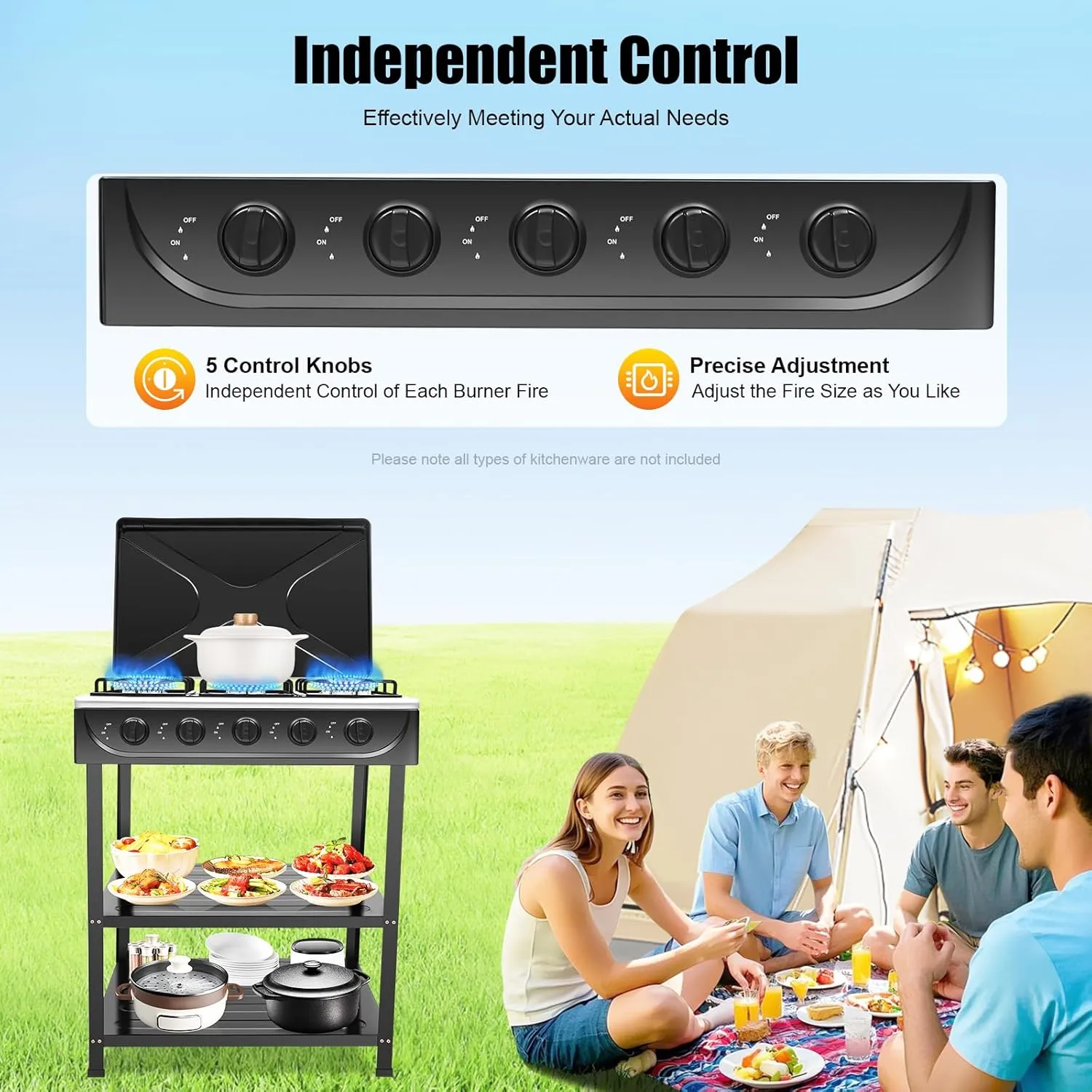 Portable Gas Stove 5 Burners Camping Stove Freestanding Outdoor Cooker Total Power 12500W Black