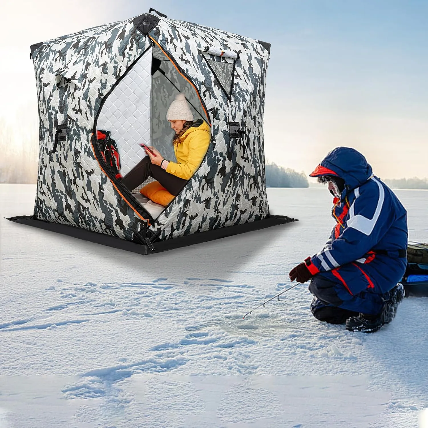 Portable Ice Fishing Tent 1-2 People, Insulated Ice Fishing Shelter Area with Windproof Fabric Strips, 57inx65in Shelter Oxford Cloth Ice Fishing Shanty for Ice Fishing Winter Fishing
