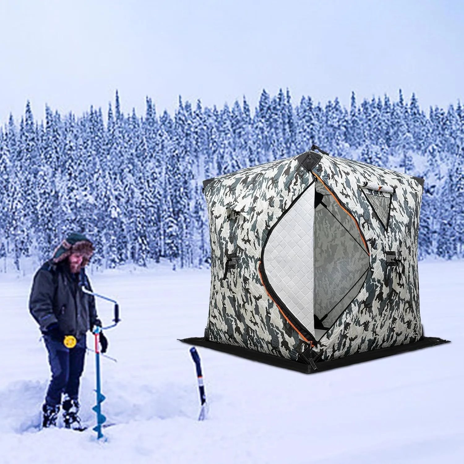Portable Ice Fishing Tent, Fishing Shelter, 1-2 Person Thermal Ice Fishing Tent for Ice Fishing Winter Fishing Camouflage,Red/Blue/Orange/Camouflage