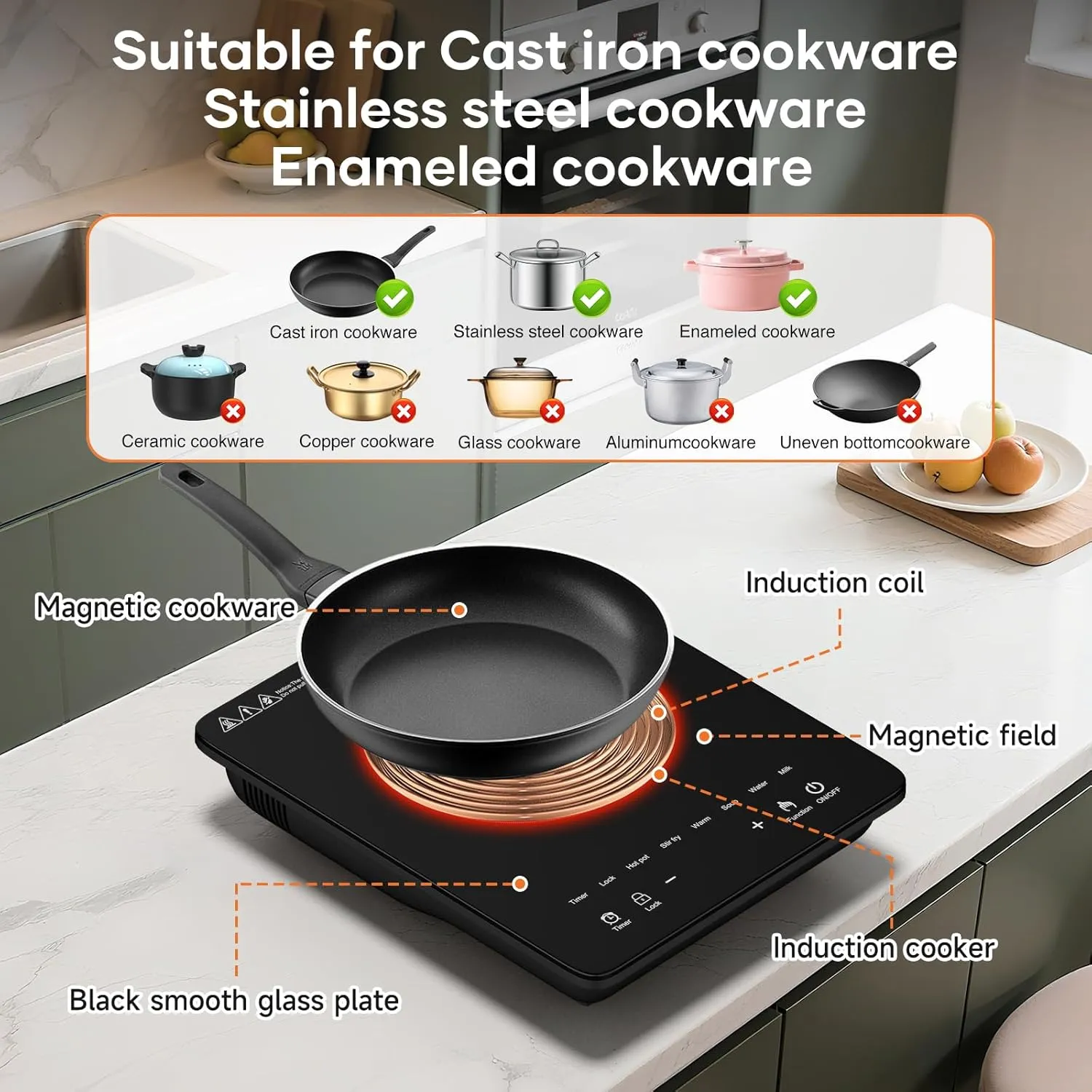 Portable Induction Cooktop, 1200W Hot Plate Electric Stove for Countertop, Precision Top Induction Burner, Powerful with 8 Preset Power Levels, Child Safety Lock,Independent Timer