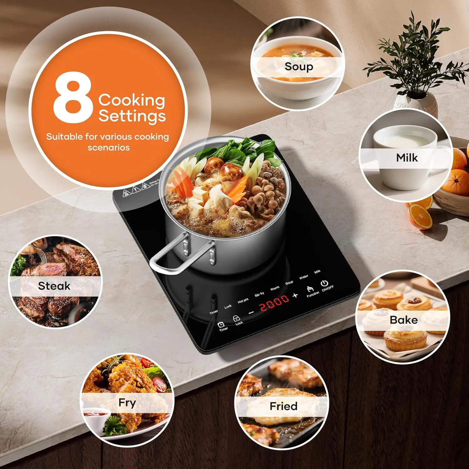 Portable Induction Cooktop, 1200W Hot Plate Electric Stove for Countertop, Precision Top Induction Burner, Powerful with 8 Preset Power Levels, Child Safety Lock,Independent Timer