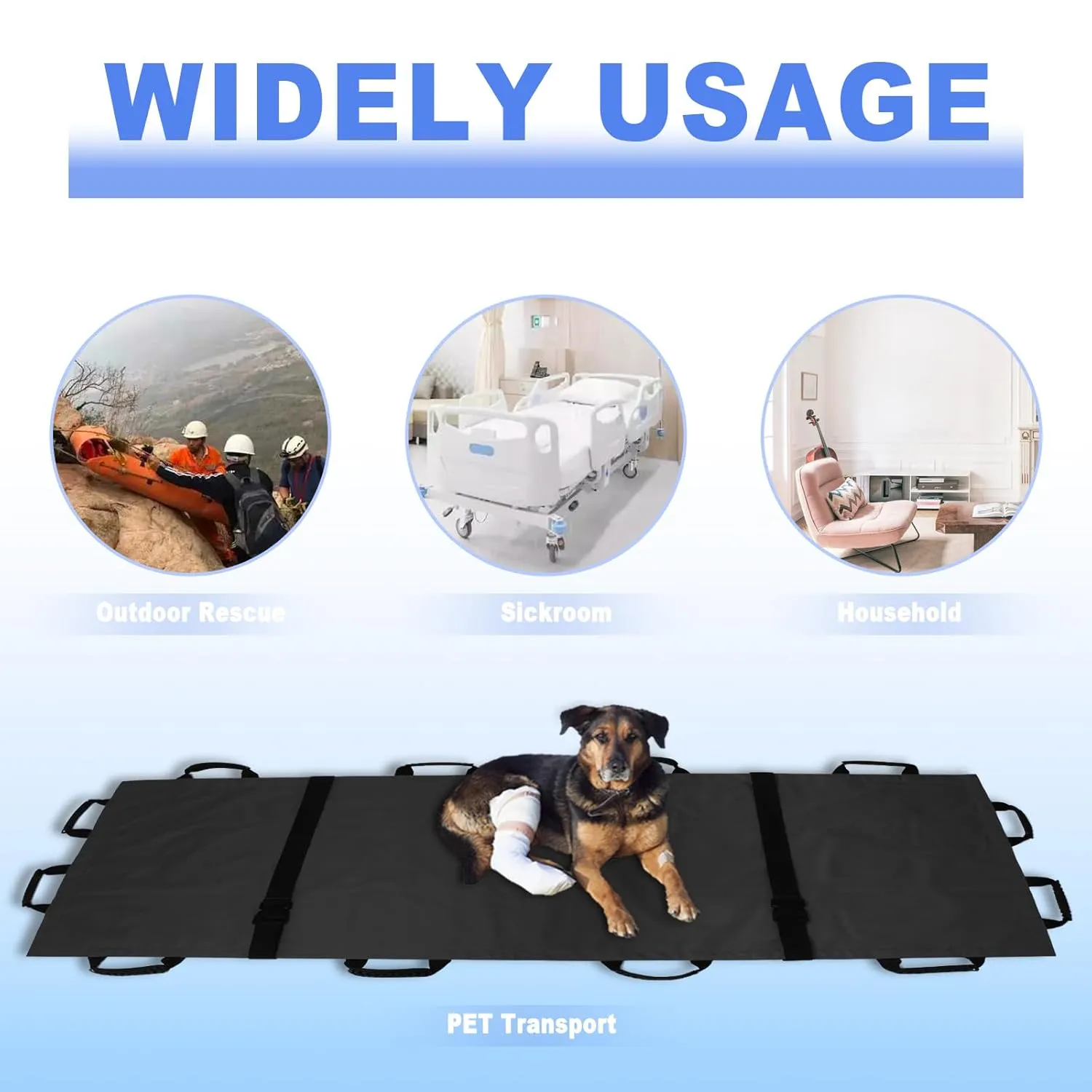 Portable Transport Stretcher with 12 Rubber Handles & Carrying Bag – Dog Stretcher & Gurney, Patient Animal Mover for Emergency Casualty Evacuation, 400lbs Capacity（Black）