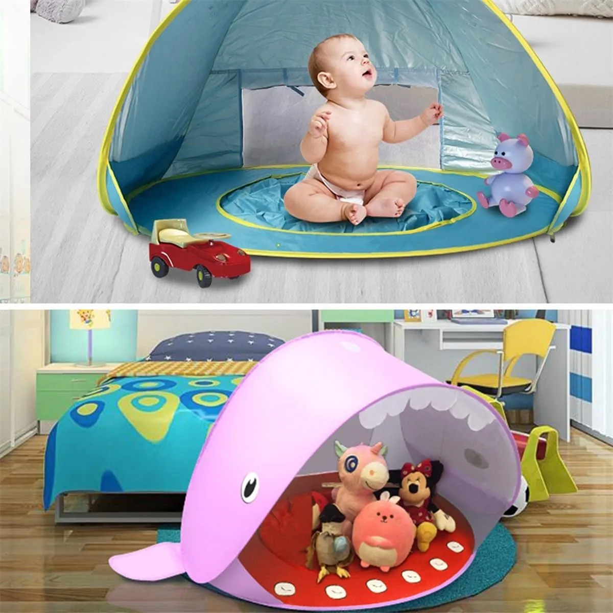 Portable UV-Resistant Baby Beach Tent, Beach Puddle Pool Toddler with Canopy, Pop up Portable Shade Pool, UV Protection Sun Shelter Infant Beachs Essentials Accessories with Toys Set(Style 7,Set1)