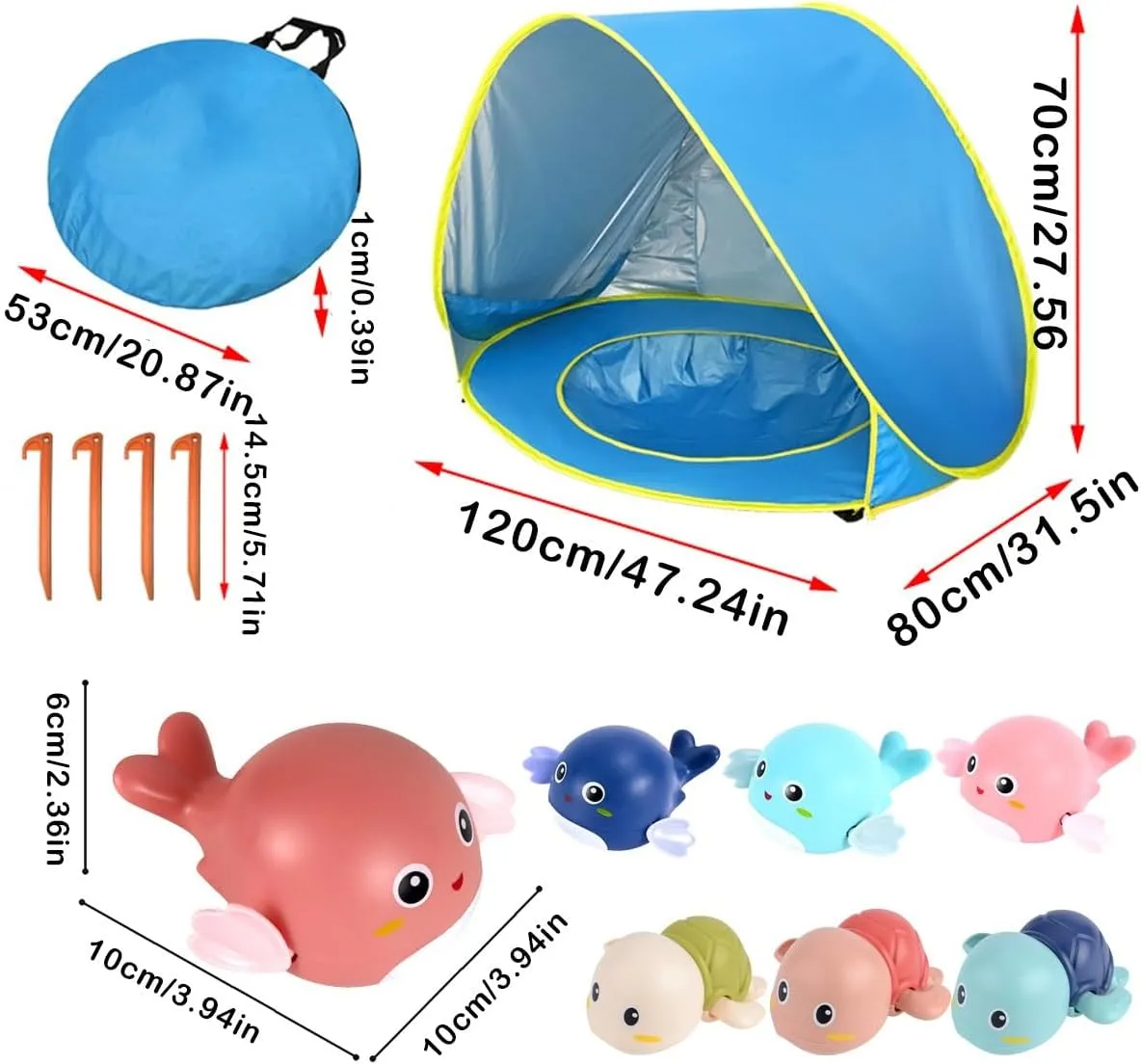 Portable UV-Resistant Baby Beach Tent, Beach Puddle Pool Toddler with Canopy, Pop up Portable Shade Pool, UV Protection Sun Shelter Infant Beachs Essentials Accessories with Toys Set(Style 7,Set1)