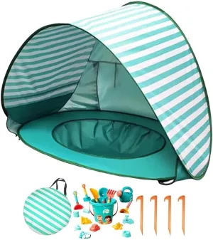 Portable UV-Resistant Baby Beach Tent, Pop up Portable Easy Set Kids Shade Pool, Mono Baby Beach Tent Pop up with Pool, UV Protection Dome for Babies Kids Infant Toddlers(G,Set 2)