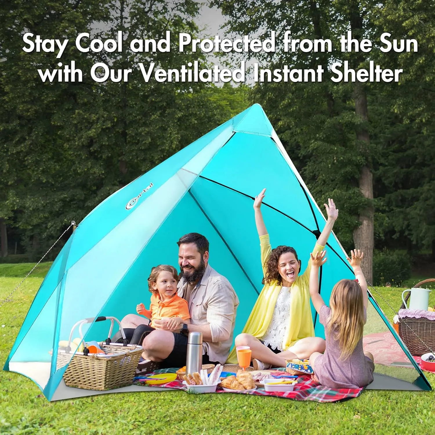 PORTAL POP Up Beach Tent, 2-4 Person UPF50  Beach Tent Sun Shelter, Open Front, Two Mesh Side Panels, A Mesh Side Pocket, Instant Sun Shelter with Carry Bag, Turquoise/Grey