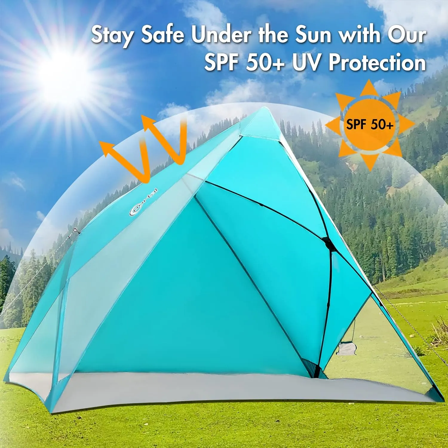 PORTAL POP Up Beach Tent, 2-4 Person UPF50  Beach Tent Sun Shelter, Open Front, Two Mesh Side Panels, A Mesh Side Pocket, Instant Sun Shelter with Carry Bag, Turquoise/Grey