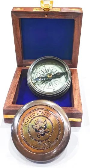 PORTHO US Navy Compass with Wooden Box| Gifts for Armed Forces, Bravery, Respect| Memorable Gifts for Veterans in US Navy| Navy Day| Veterans Day| Compass for Hiking, Camping