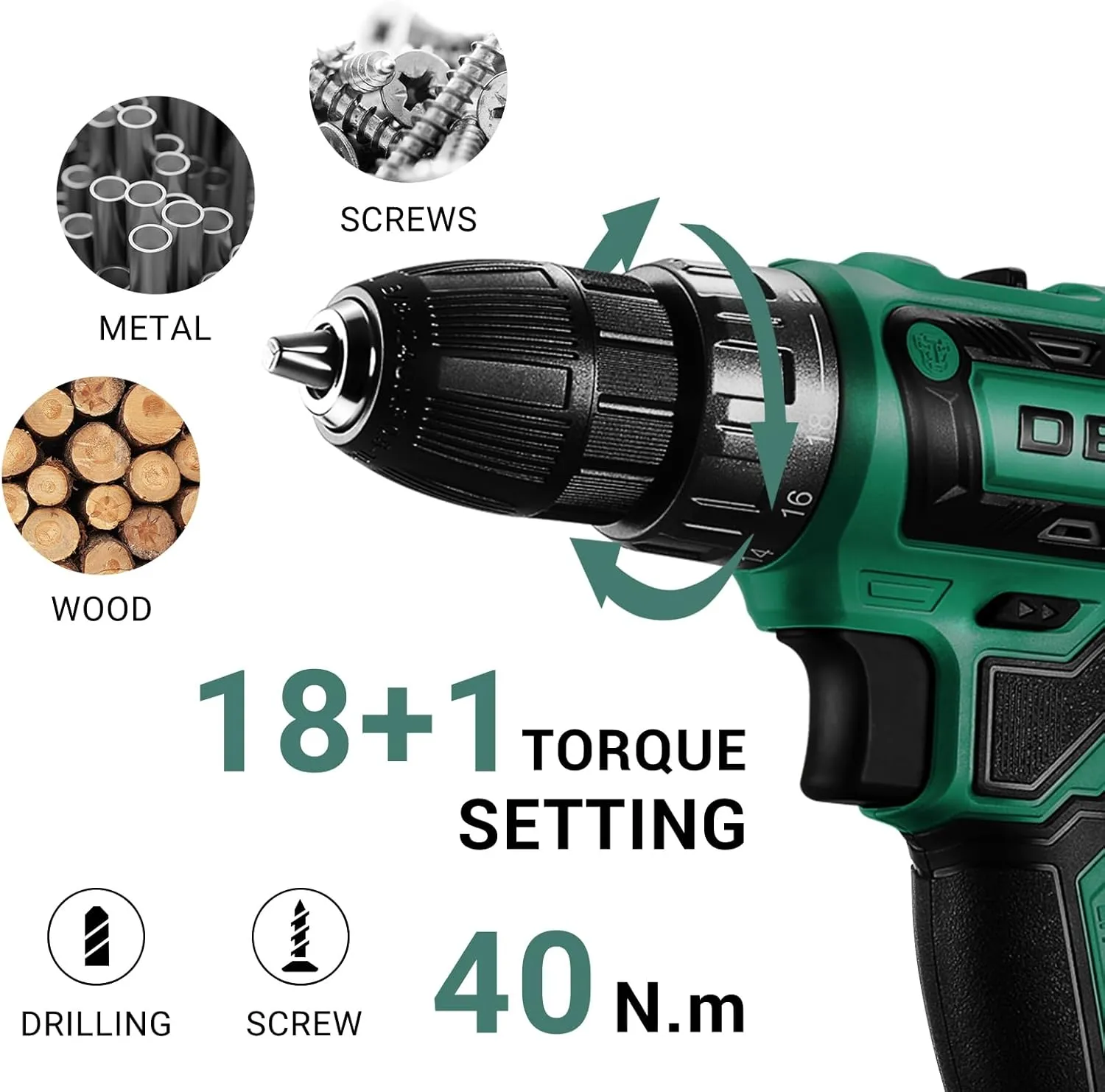 Power Drill Cordless: DEKO PRO Cordless Drill 20V Electric Power Drills Set Tool for Women with Battery and Charger 20 Volt Drills Driver Kit Green