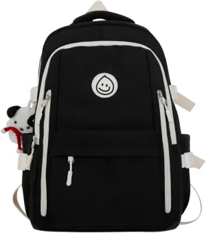 Preppy Backpack with Cute Pendant Women Smile Face Laptop Backpack Kawaii Lightweight Aesthetic College Backpack (Black,One Size)