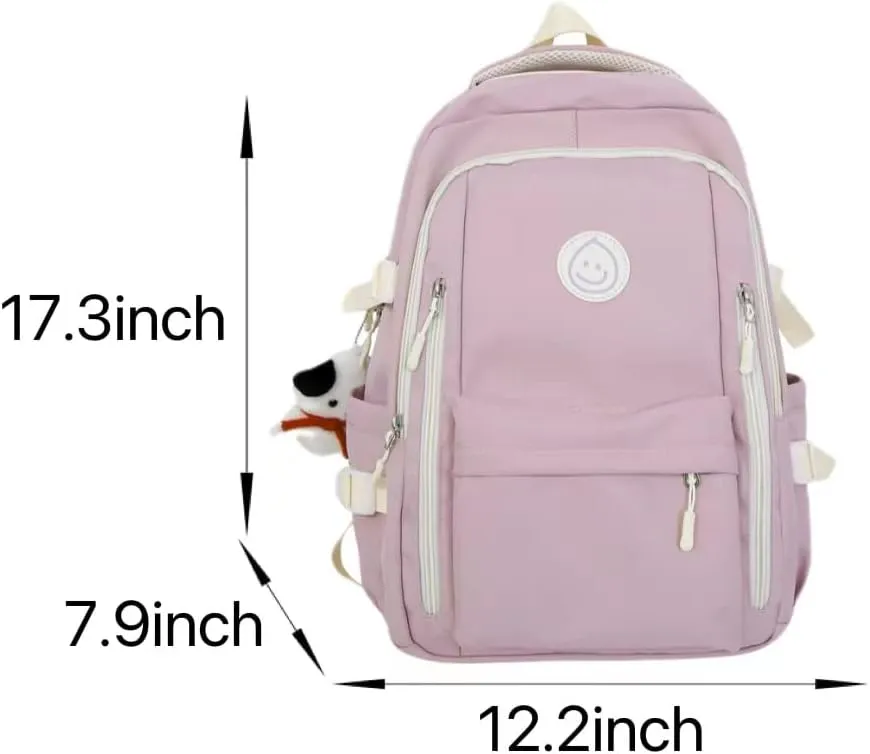 Preppy Backpack with Cute Pendant Women Smile Face Laptop Backpack Kawaii Lightweight Aesthetic College Backpack (Black,One Size)