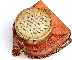 QADEEM Trust in Lord Quote Engraved Compass with Leather Case, Antique Brass Pocket Compass for Him, Son, Husband I Gift for Graduation, Anniversary, Baptism, Retirement, or Christmas