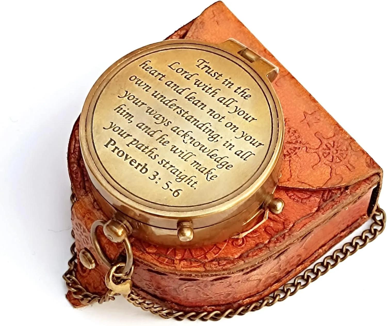 QADEEM Trust in Lord Quote Engraved Compass with Leather Case, Antique Brass Pocket Compass for Him, Son, Husband I Gift for Graduation, Anniversary, Baptism, Retirement, or Christmas
