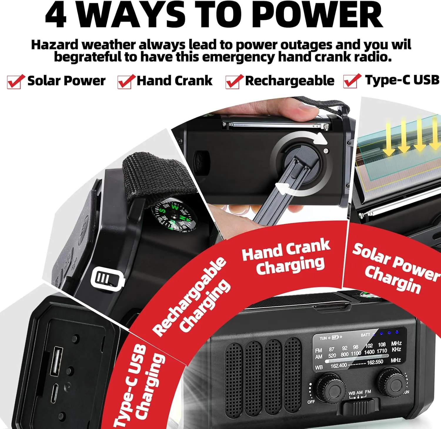 QAUYYW10000mAh/37000mWh Emergency Hand Crank Radio AM/FM with LED Flashlight Solar Radio, Portable Weather Radio, Emergency Cell Phone Charger for Family Outdoor Camping and Emergency Rescue Us