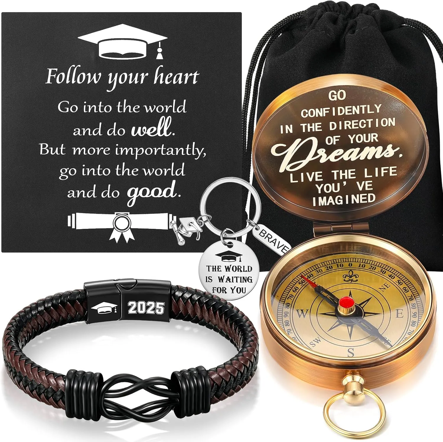Quelay 5 Pcs Compass Graduation Gift Class of 2025 Engraved Compass Keychain Leather Stainless Steel Knot Bracelet Inspirational Card and Drawstring Bag High School College Graduation Gifts for Him