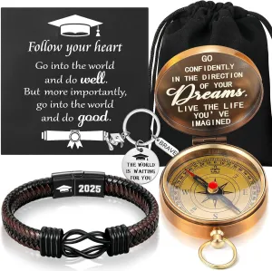 Quelay 5 Pcs Compass Graduation Gift Class of 2025 Engraved Compass Keychain Leather Stainless Steel Knot Bracelet Inspirational Card and Drawstring Bag High School College Graduation Gifts for Him