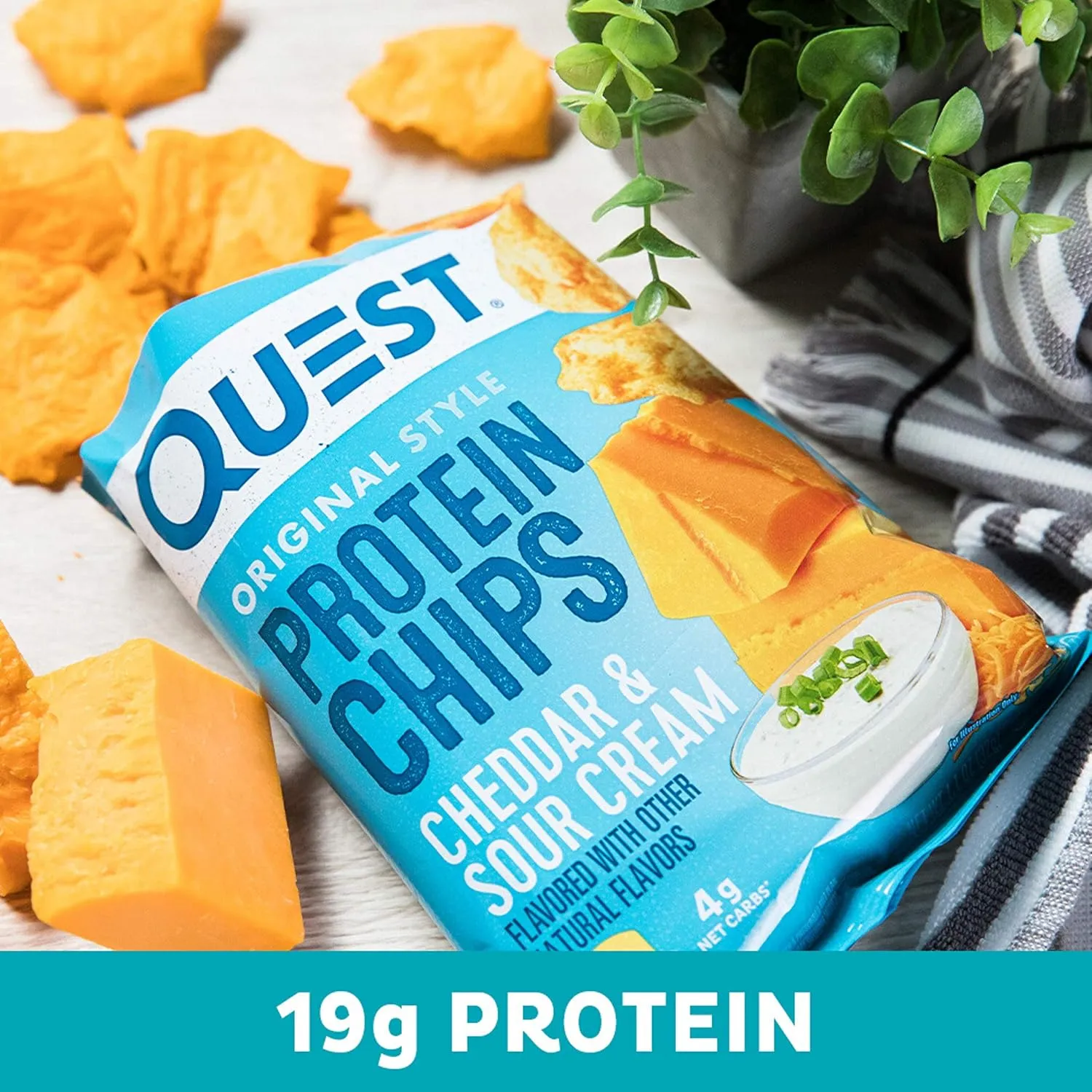 Quest Nutrition Cheddar & Sour Cream Protein Chips, 19g Protein, 4g Net Carbs, Low Carb, Gluten Free, 1.1 oz (Pack of 12)