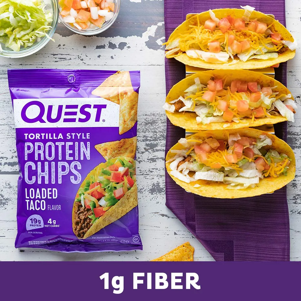 Quest Nutrition Loaded Taco Tortilla Style Protein Chips, 19g Protein, 4g Net Carb, Low Carb, Gluten Free, 1.1 oz (Pack of 12)