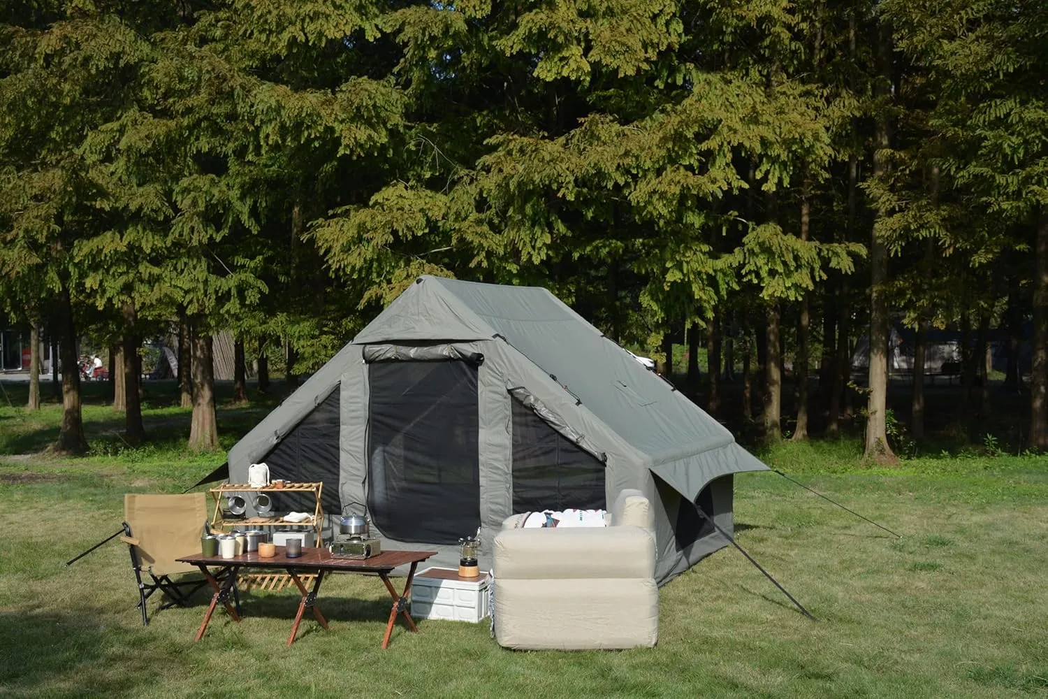 Quick Setup Inflatable Camping Tent for 4-6 People, Waterproof & Windproof with Stove Jack, Portable House, Green
