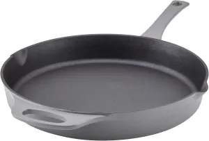 Rachael Ray NITRO Cast Iron Frying Pan/Skillet with Helper Handle and Pour Spouts, 12 Inch, Gray